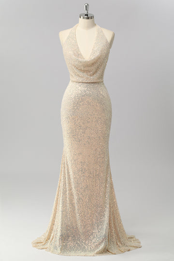 Apricot Mermaid Halter Sequins Open Back Long Prom Dress